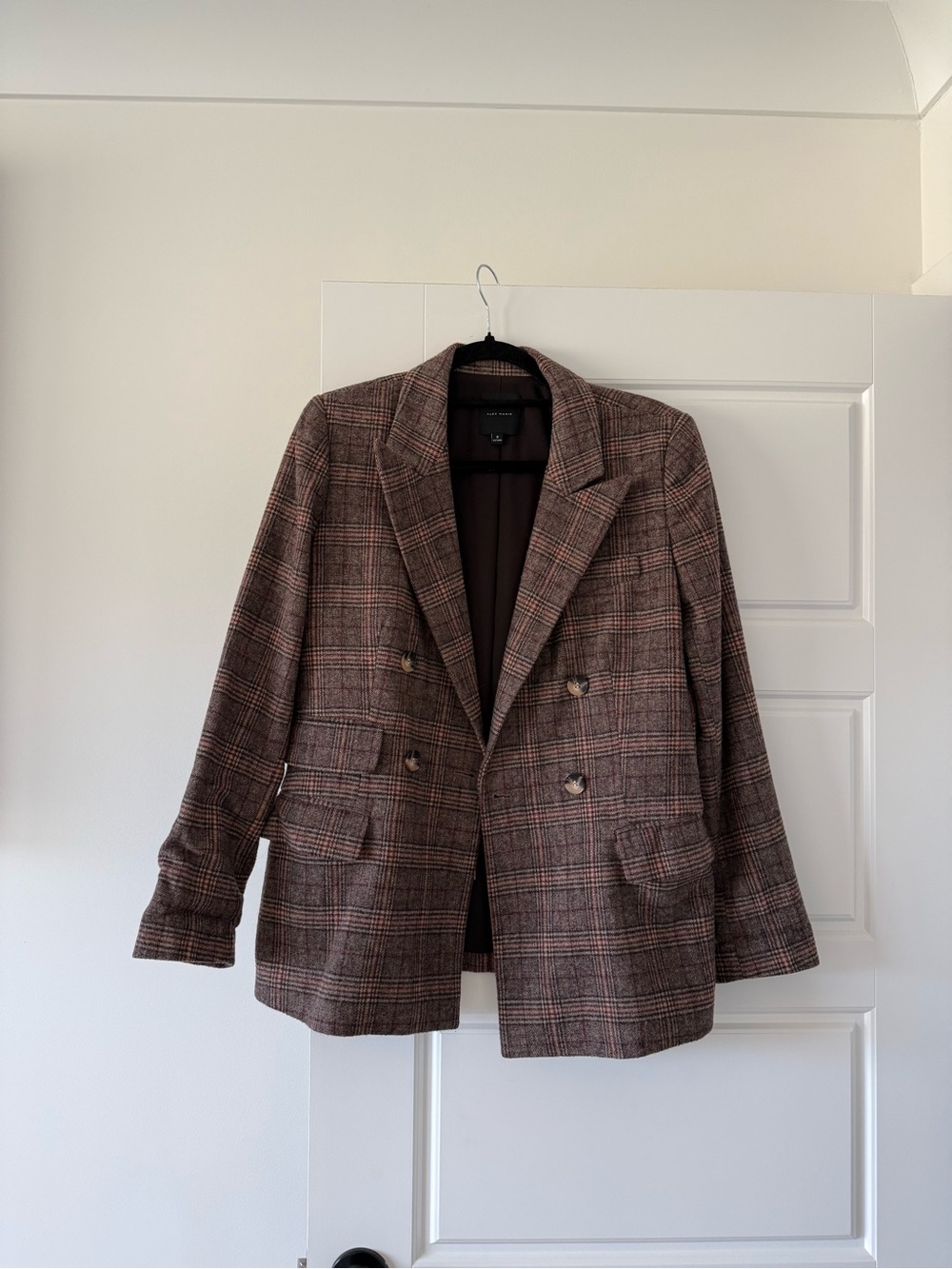 Alex Marie Double-Breasted Plaid Blazer in Brown and Rust Tones